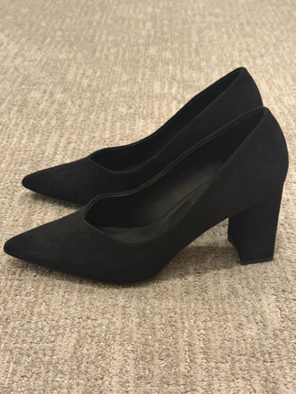 Black Pointed Toe Suede-Look Block Heel Pumps Size 10
